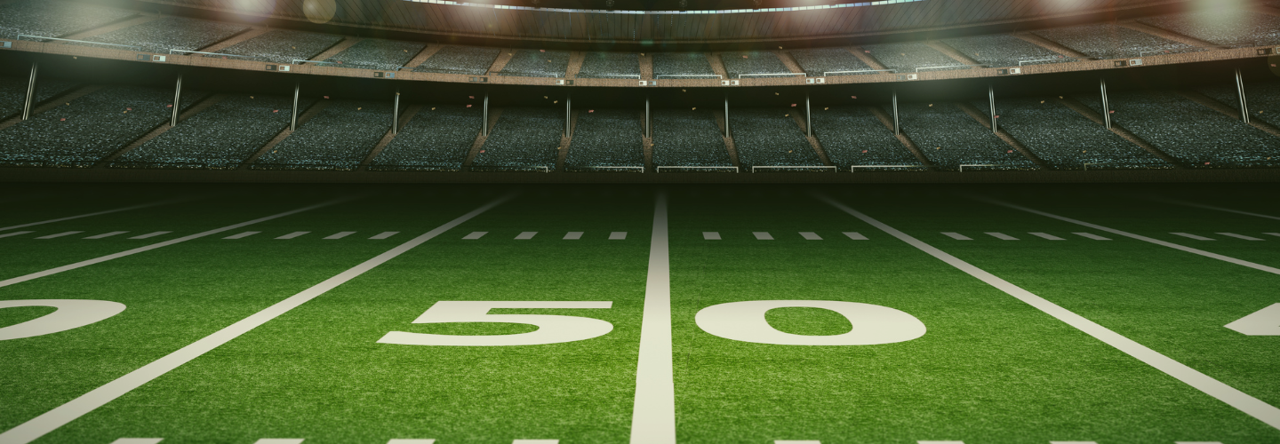 football field showing the 50 yard line